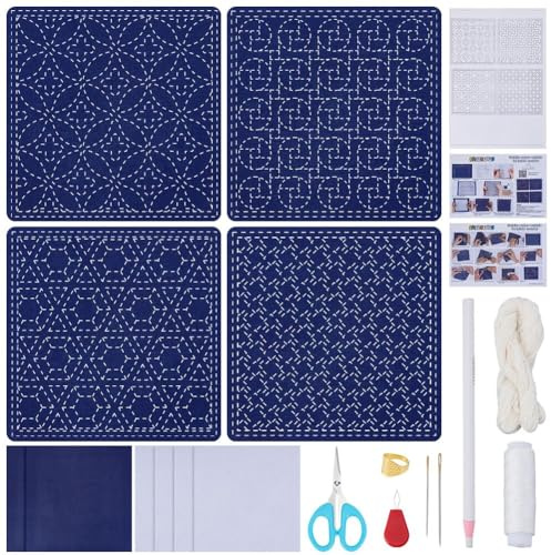 FREEBLOSS 4 Set Sashiko Schablonen Set Untersetzer Mit Wasserlöslicher Vorlage Sashiko Schablonen Untersetzer Set Für Stickliebhaber Sticken