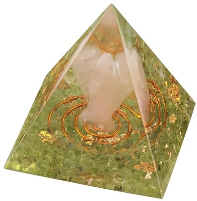Nupuyai Edelstein Pyramide mit Rosenquarz Schutzengel Reiki Kristall Deko | 5 cm Peridot Kristall Pyramide Heilstein, Schutzenergie, Heilungsengel Pyramide Deko für Meditation Büro Zuhause