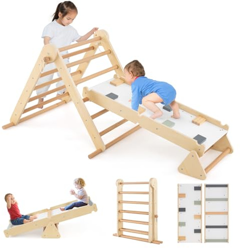 Olakids Pikler Triangle Set 7 in 1 Climbing Toys for Toddlers Foldable Baby Wood Montessori Jungle Gym with Angle Adjustable Ladder Seesaw Ramp Indoor Playground (Wood)