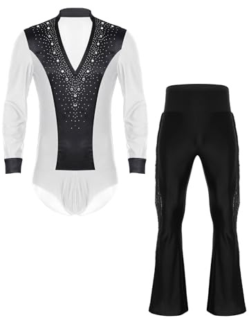 Fldy Herren Latein Standard Tanz Kostüm Hemd Hose Set Strass Hemdbody Schlaghose Wettbewerb Performance Modern Dancewear Weiß&Schwarz XXL