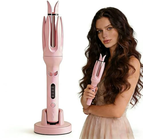 Automatic Curling Iron Rotating, Self Curling Hair Curler Anti-Tangle & Fast Heating, Safe Styling Home and Professional Hair Styling Tool for All Hair Types Travel Use （Pink