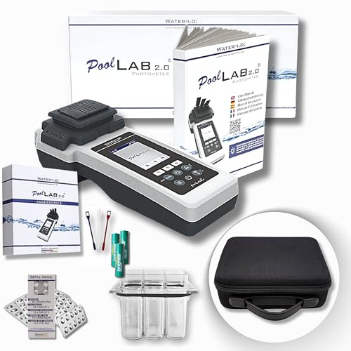 PoolLab 2.0 med 70 testtabletter och väska – Special Edition för MediMuc – 24 parametrar – app, programvara – mätning upp till 3 parametrar i ett test + förvaringsfodral tomt