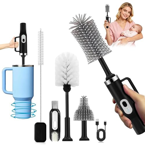 5-in-1 Long Handle Electric Bottle Brush Cleaner and Straw Cleaning Brush with Removable Brush Head, Multi-Function Rechargeable,for Stanley Cups, Baby Bottles, Pacifiers, Coffee Cups, Sports Bottles
