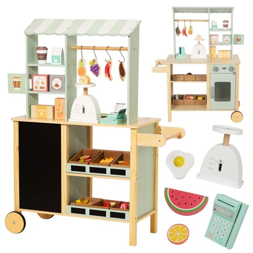 Nene Toys Tienda de Supermercado de Madera – Puesto de Mercado Todo‑en‑Uno con Caja Registradora, Balanza, Pizarra, Barra Colgante, Asa & Ruedas – Lado Reversible con Horno – Regalo Niños 3–7 Años
