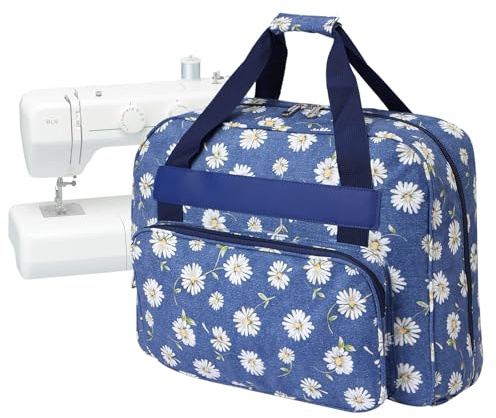 LetCartMaker Custodia per macchina da cucire, borsa universale con tasca e manico, borsa portatile da appendere per piccole macchine da cucire, margherita blu, 43 x 32 x 21 cm