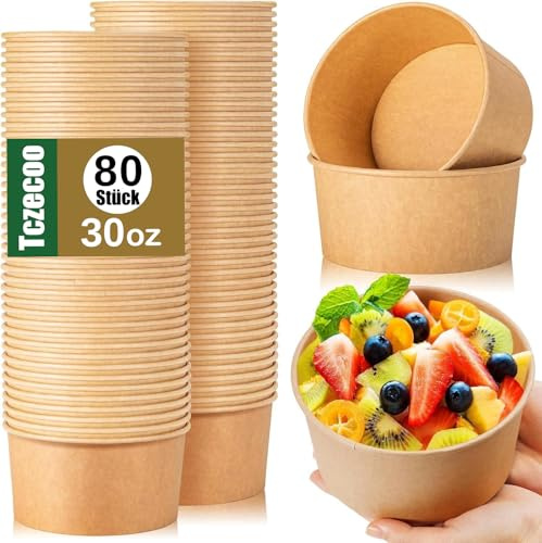 Tczecoo 80 Stück Kraft Karton Suppenbehälter, 30 Oz Kraftpapier Suppenbecher, Eisbecher Pappe, Kraft-Karton Salatschale, Papier Suppenbecher to Go für Suppe Salat Nachtisch Vorspeisen, Braun