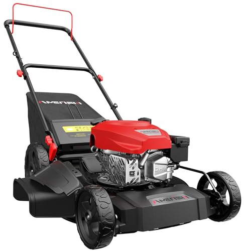 AMERISUN 21 Gas Lawn Mower, 3-in-1 Gas Powered Push Mower, 144cc 4-Stroke OHV Engine, 6 Height Adjustment, Efficient Steel Deck, 1.4 Bushel Grass Catcher with Bagging, Mulching & Side Discharge