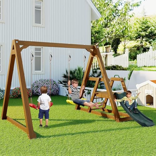 Schaukelgestell Outdoor Holz Mit 2 Schaukelsitzen, Garten Schaukel Outdoor Mit Gestell, Robuste Gartenschaukel Kinder Mit Rutsche Und Kletterleiter, Schaukelgerüst