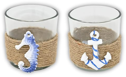 damaloo Teelichthalter Set Glas – 2er Set Windlichter maritim mit Anker & Seepferdchen – Kerzenglas Durchmesser 7 cm Höhe 8 cm – kleine Windlichtgläser als Tischdeko Hochzeit, Sommer & Outdoor