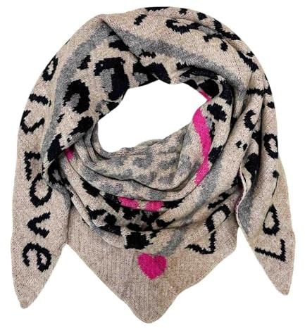 XXL Dreieck Strickschal Love Leopard Muster Warmer Winter Schal Fashion Tuch Herbst Frühling Schlauchschal Dreieckschal Stola Wolle Tuch