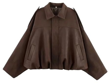 Bnigung Damen-Bomberjacke aus Wildlederimitat, lässiges Revers, übergroße Motorradjacke, Kaffee, L