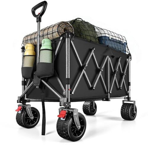 200L Festival Trolley on Wheels, Beach Camping Trolley Heavy Duty, Large Folding Wagon Loads Up to 550LBS, Portable Foldable for Outdoor Garden Shopping Fishing Cart, Ultra Wide Wheels, Pure Black