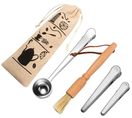VANZACK Edelstahl Kaffeeset mit Löffel und Clip für Exakte Dosierung Reinigungspinsel aus Borsten und Buchenholz Starke Klammern zum Luftdichten Verschließen von Kaffee Teebeuteln Inkl
