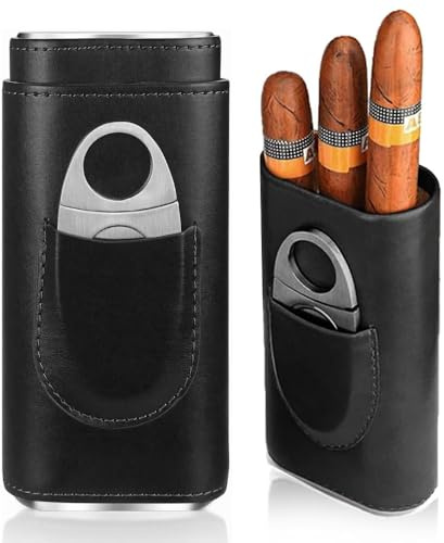Estuche para 3 puros, humidores de cigarros, funda de piel para puros con cortador de puros de acero inoxidable, humidor portátil, para viajes cortos (negro)
