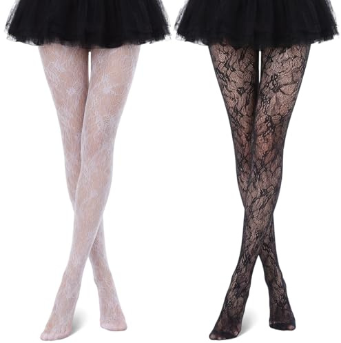 Cobee 2 Pcs Patterned Tights For Women, Lace & Floral Black White Fishnet Fashion Tight, Fishnet Stockings Fish Net Tights Adult Women (Black and white)