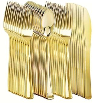 30 Stück Plastikbesteck,Wiederverwendbar Party Besteck Plastik,Plastiklöffel,PlastikLöffel,Plastik Messer,Robustes Kunststoffbesteck,Besteck für Familienfeiern,Hochzeit (Gold)