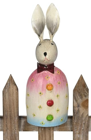 Posiwio fröhlich bunter Zaunhocker Hase mit Fliege und bunten Knöpfen Metall bemalt
