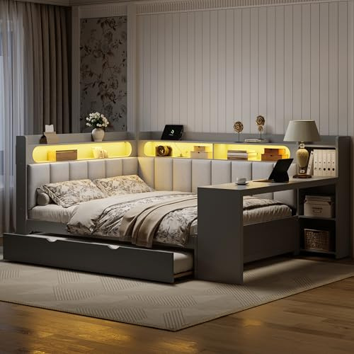VilroCaz Full Size Daybed Sofa Bed with L-Shaped Upholstered Headboard and Desk, Wooden Corner Platform Bed Frame with Trundle, Storage Shelves, Charging Station and Light Strip (Gray-1.16T)