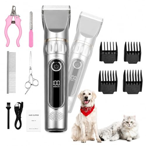 Hundeschermaschine mit Profi Scheren-Set,Pfotentrimmer für Hunde Extra Leise,Aufladbarer Kabellose Hundehaarschneidemaschine, für dichtes Fell,Pfoten, Gesicht, Po, Ohren, Augen (Silber)
