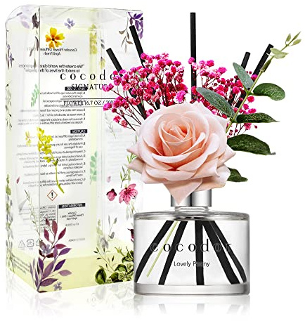 Cocod'or [COCODOR/Lovely Peony Reed diffuser oil 200ml with Rose, Eucalyptus and Preserved Flower sticks. Best for Home, Kitchen, Bathroom. Diffusers with Sticks
