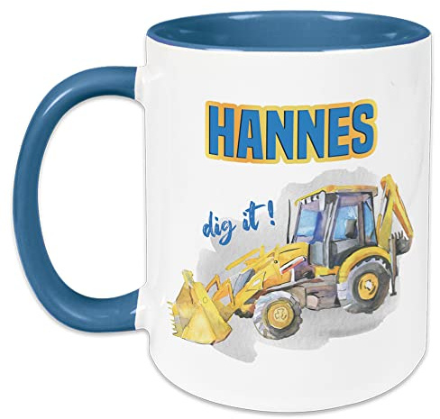 GRAZDesign Kindertasse mit Namen, Tasse Kinder, personalisierte für Junge Trinkbecher Kindergeschirr Kinder Becher Hellblau, Keramik BPA-frei, 330ml Motiv Bagger