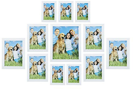 Relaxdays Bilderrahmen 12er Set, enthält versch. Größen: 15x10, 18x13, 20x15, 25x20 cm, Foto Collage für Wand, weiß