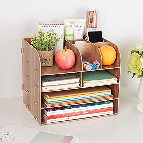 QWEWQE Schreibtisch Organizer Aufbewahrungsregal aus Holz, Multifunktion Schreibtischablage mit 11 Fächer Ablagesystem, Groß Desktop Lagerregal für A4 Papiere, Bücher (Braun)