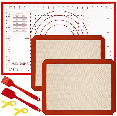 snaideal Backmatte, Silikon, 5-Stück Set, Backunterlage Silikonmatte/Antihafte Matte für Kuchen/Brot, Groß Teigunterlage Ausrollmatte mit Spatel und Backpinsel