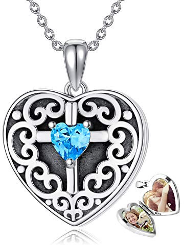 SLIACETE Collar con medallón de corazón con 2 imágenes en forma de corazón, medallón con corazón azul de circonita, regalo conmemorativo para niñas y mujeres