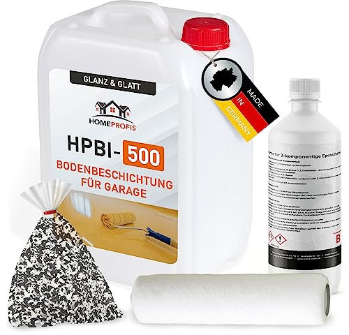 Home Profis® glänzender Garagenboden Flüssigkunststoff inkl. Chips & Walze (10m²) | Über 30 Farben | Bodenfarbe Innen | 2K Epoxidharz Bodenbeschichtung | RAL 7001 Silbergrau | HPBI-500
