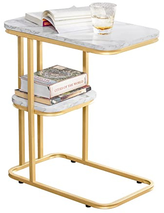 SoBuy Beistelltisch mit 2 Ablagen & Goldgestell, 50x58x30cm | Vielseitiger Sofatisch, Laptoptisch oder Betttisch, stabiles Metallgestell, FBT110-G