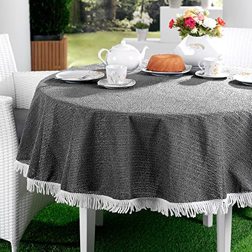 EMHELLE Trädgårdsduk trädgård balkong terrass bordsduk camping picknick rund oval kantig utomhus och inomhus halkfri yta med vita fransar (160 cm rund, mörkgrå)