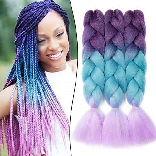 Gairyan Meches Tresse Cheveux 3 Paquets 24 Meches pour Tresses Africaine Rajout Cheveux Tresses Extension Ombre Synthétiques Tresse Crochet Twist Tressage Cheveux (Violet-Lac Bleu-Violet Clair)