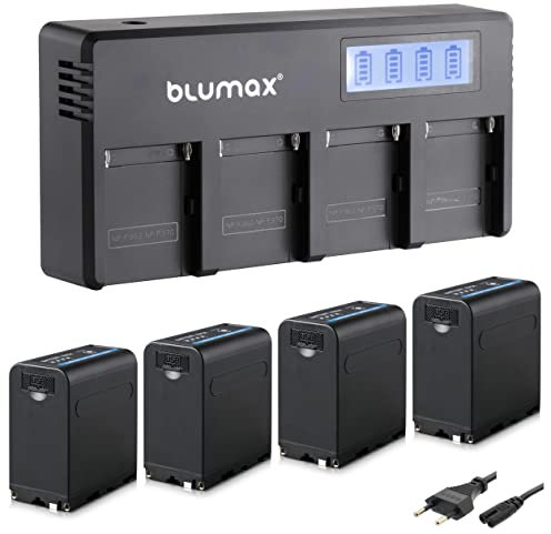 Blumax 4X Akku NP-F990 / NP-F980-7850mAh LG Zellen (USB) + LCD 4-Kanal Schnell-Ladegerät | kompatibel mit Sony NP-F930 NP-F960 für Blitzgeräte Videoleuchten Fieldmonitore