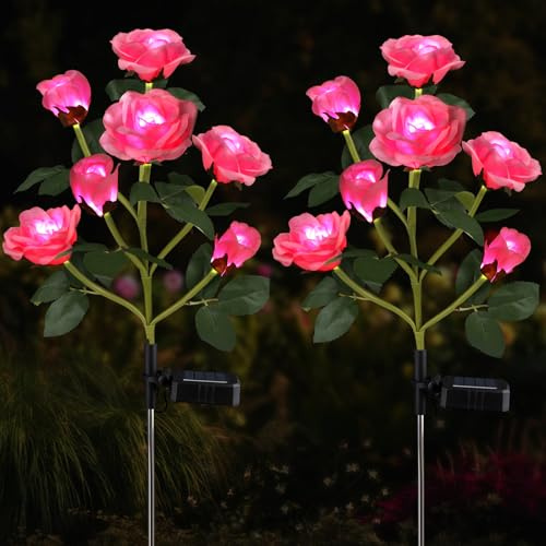 Aolyty 2 Pcs LED Solar Garden Roses Lights (Pink) | Decorative IP65 Waterproof Stake Light, 7 Flowers Outdoor Artificial Ornaments for Grave Patio Pathway