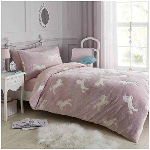 VELVETIO Kids Teddy Bear Duvet Cover Set with Matching Pillowcase, Glow in Dark Bedding Sets, 100% Polyester Warm, Sherpa Fleece Cuddly Unicorn Quilt Covers, Single Bedset, Multi