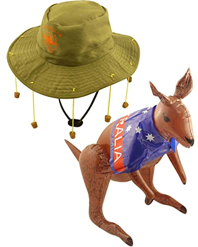 labreeze Australian Hat W/10 Strung Corks Inflatable Kangaroo Aussie Day Party Fancy Dress Set