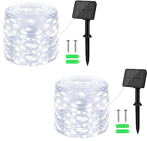 cshare Solar Lichterkette Außen, 2x10M Gesamt 200LED Lichterkette Aussen,8 Modi Kupferdraht lichterkette IP65 Wetterfest Deko für Garten,Bäume,Balkon,Terrasse,Hof,Weihnachten(Kaltweiß)