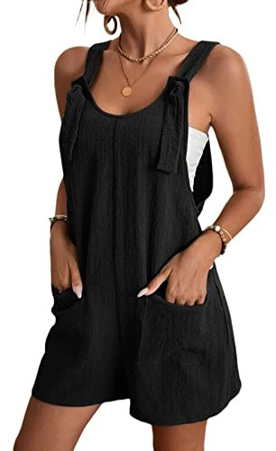 Loalirando Women's Casual Romper Bib Overalls Shorts Solid Color Sleeveless Adjustable Strap Loose Cotton Linen Wide Leg Loose Short Playsuit with Pockets (Black, XXL)