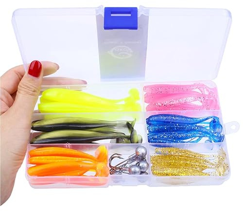 Kunstköder Gummifische Angel Set 50 tlg. Hecht Barsch Zander mit Jigköpfe in Box World of Coins