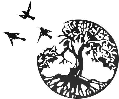 bowarepro Schwarzer Metallbaum des Lebens, Wandkunst, runder Lebensbaum, Wandskulptur, Silhouette, Baum und Vogel, Wandkunst, Dekoration, Behänge für Küche, Schlafzimmer, Wohnzimmer, Büro, Treppe