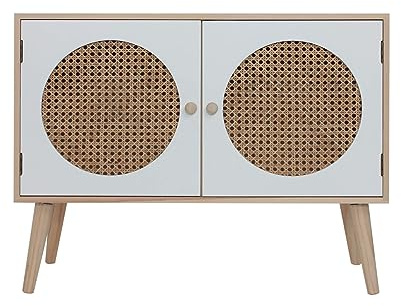 Rebecca Mobili Fernsehschrank, Skandinavisches Sideboard, 2 Türen, MDF Rattan Holz, Weiß Braun, Boho Stil, Home Deko - Maße HxBxT: 57 x 73 x 30 cm - Art. RE6854