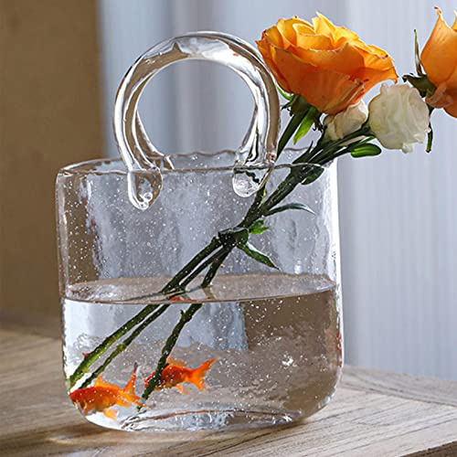 RXMORI Jarrón de Cristal con Forma de Bolso, Jarrón con Pecera, Florero con Forma de Bolso, Jarrón Transparente con Asa Y Burbujas para Centros de Mesa, Decoración de Mesa de Boda(Blanco)