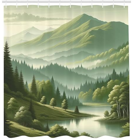 ABAKUHAUS Salvia-grönt duschdraperi, drömscenario med fantasy ängskog och bergslandskapsvibe, tygfärgat tyg badrumsdekorationsset med krokar, 175 x 200 cm, skifferbrun teal