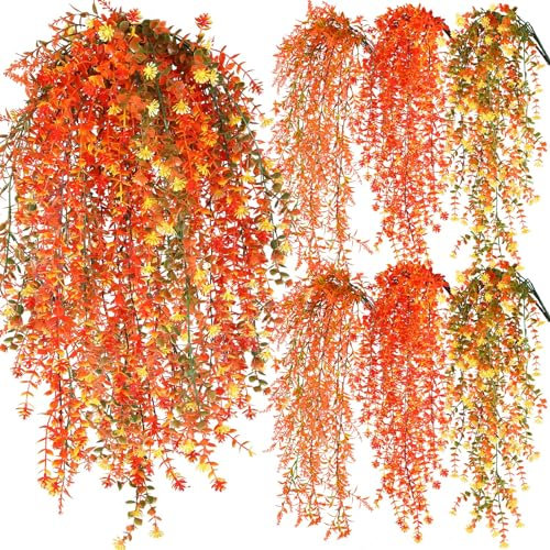 6 Pcs Artificial Hanging Plants Fall Faux Eucalyptus Leaf Fall Fake Hanging Flowers Fall Hanging Vines Artificial Fall Flowers Faux Autumn Plants for Thanksgiving Indoor Outdoor House Wedding Party