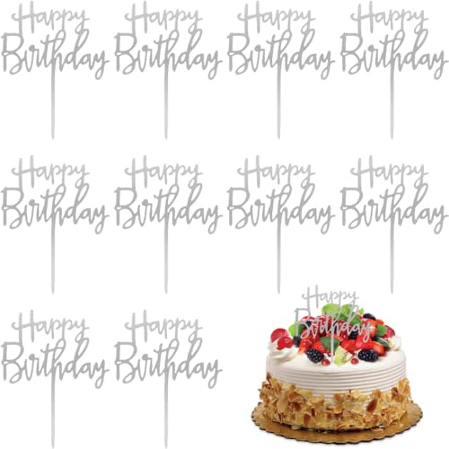 BAVALIN 10 Stycken Grattis på Födelsedagen Tårta Dekoration - Glitter Grattis på Födelsedagen Tårta Topper, Akryl Cupcake Topper för Baby Shower årsdagar Fest Dekoration, Silver