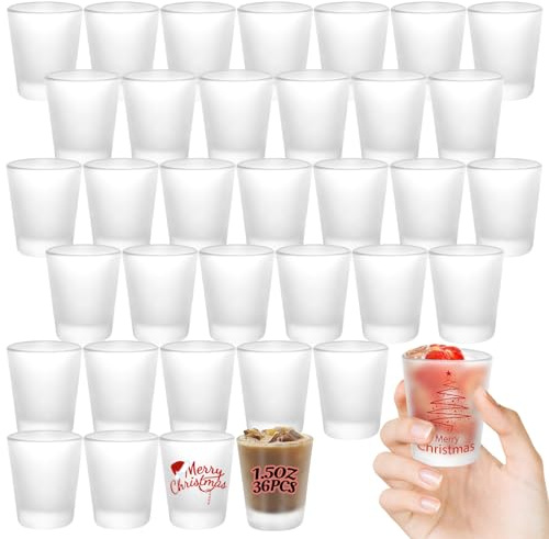 YOUKE OLA 36 Pack Sublimation Shot Glasses Cups with Heavy Base Sublimation Blanks Cute Shot Glass Tumbler Bulk for Heat Press, Personalized Gift, Wedding, Party, Frosted 1.5oz