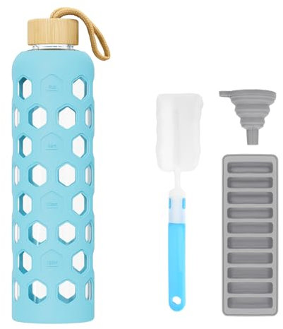 Luxgola 32 oz Glass Water Bottle with Bamboo Lid, Reusable Clear Drinking Bottles with Silicone Sleeve and Time Marker, Motivational Glass Tumbler with Funnel and Ice Tray, BPA Free (Sky Blue)