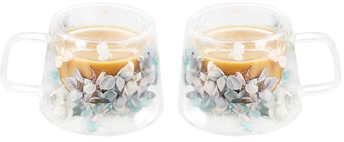 LeKuni - Juego de 2 tazas de doble pared con flores secas, 200 ml de vidrio doble pared, tazas de café expreso de cristal transparente para capuchino, expreso, lata, té mixto