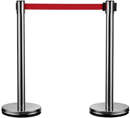 Wiltec mobile Absperrpfosten 32 x 7 x 90 cm in Silberfarben, rotes 200 cm Zugband, Absperrständer aus rostfreiem Stahl, Personenleitsystem für Veranstaltungen